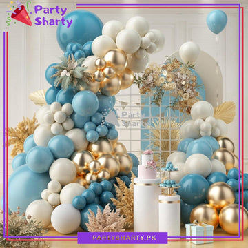 100pcs Lake Blue, Metallic Golden & White Balloons Garland Set For Theme Party Decorations